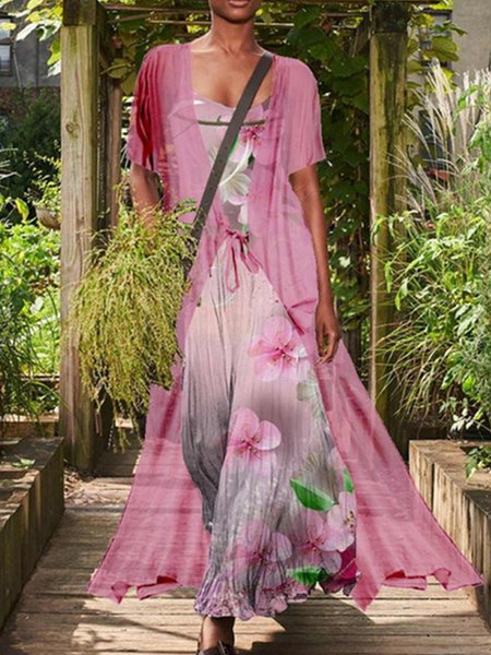 

Elegant Crew Neck Floral Loosen Two-Piece Dress Set, Multicolor, Suit Set
