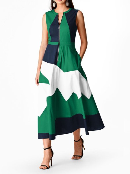 

Spring Crew Neck Elegant Short Sleeve Woven Fit and FlareX Dress, Green, Maxi Dresses
