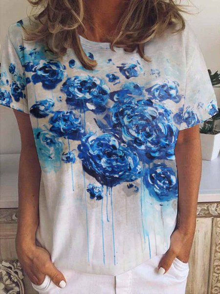 

Casual Floral Print Crew Neck Short Sleeve T-Shirt, As picture, T-shirts