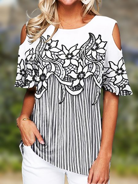 

Striped Casual Crew Neck Short Sleeve T-Shirt, Black-white, T-Shirts