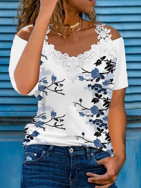 

Plus Size Casual Floral V Neck Short Sleeve T-Shirt, White, T-Shirts