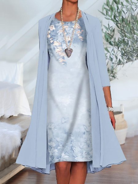 

JFN 2PCS Round Neck Floral Casual Dress & Cardigan, Blue, Casual Dresses