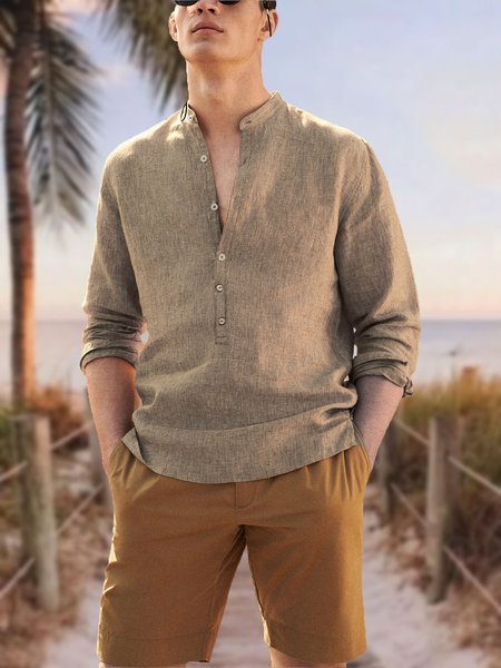 

Holiday Cotton Linen Casual Long Sleeve Shirt Men, Khaki, Shirt