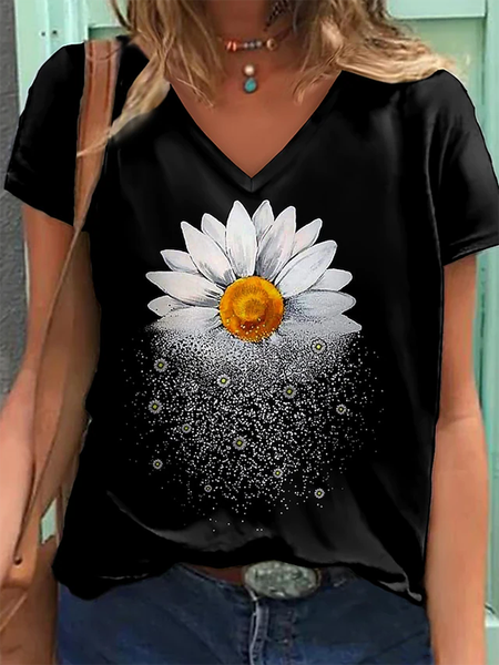 

V neck Loosen Floral Short Sleeve Casual T-Shirt, Black, T-Shirts
