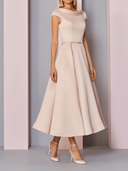 

Summer Short sleeve Lapel Elegant Short Sleeve Woven Dress, Pink, Maxi Dresses