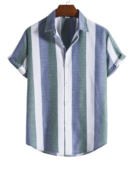 

Cotton Linen Style American Casual Striped Versatile Linen Shirt, Lightblue, Men's Floral shirt