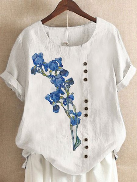 

Buttoned Loose floral print Pullover short sleeve top Plus Size, White, T-Shirts