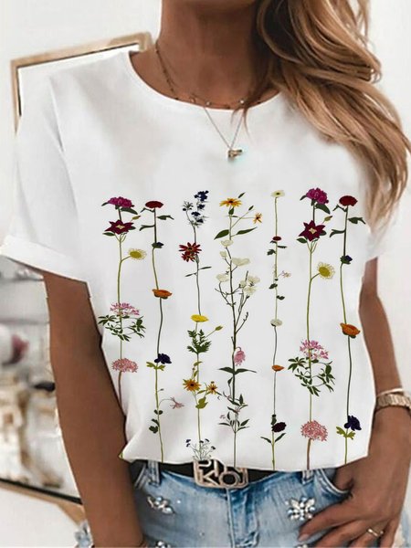 

Floral Short Sleeves Crew Neck Plus Size Casual Tops, White, T-Shirts