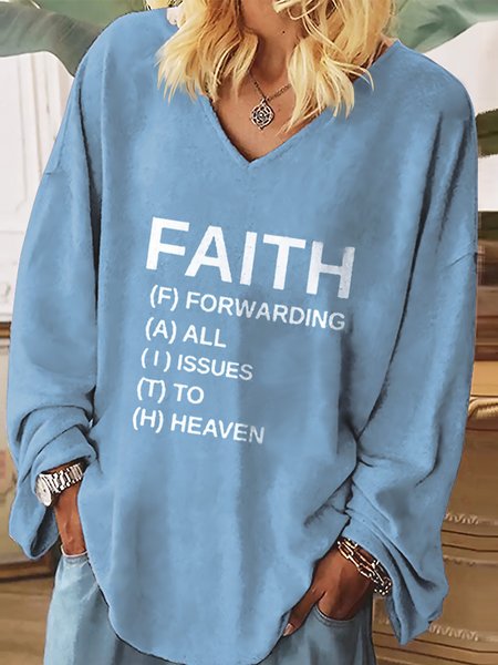 

Casual Loosen Letter Printed Off Shoulder Cotton Blends V Neck Long Sleeve T-Shirt, Blue, T-Shirts