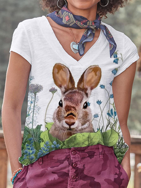

Cotton Blends V Neck Casual Short Sleeve T-Shirt, White, T-Shirts