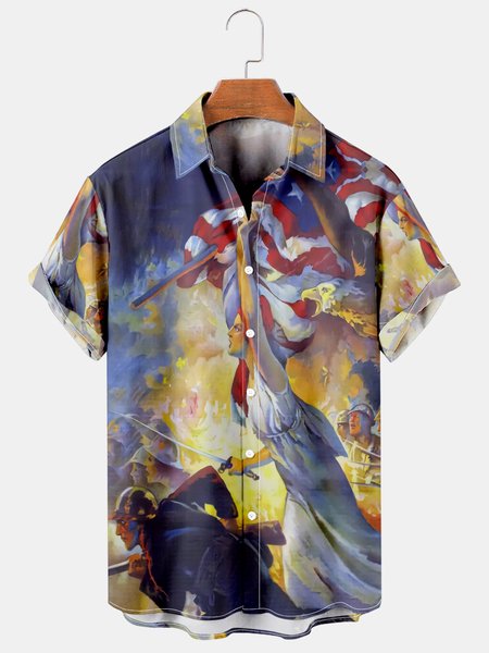 

Casual Style Culture Series American National Standard Liberty Element Lapel Short-Sleeved Printed Shirt Top, As picture, Men's Floral shirt