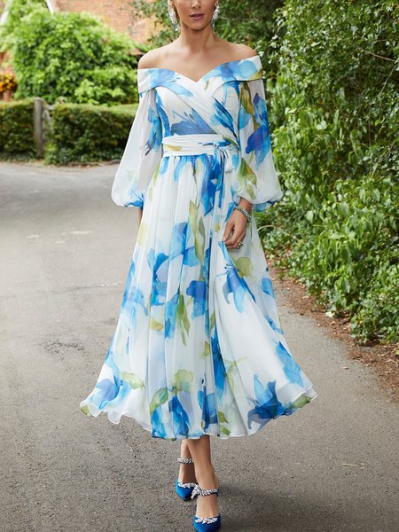 

Vacation Floral Regular Fit Long Midi Dress, Blue, Maxi Dresses