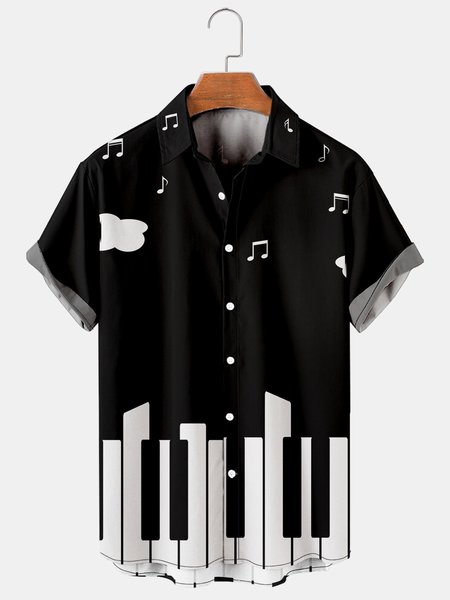 

Men's Music Print Casual Short Sleeve Hawaiian Shirt, Black, Men's Floral shirt