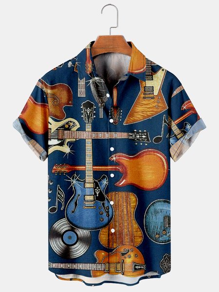 

Men's Music Guitar Print Casual Short Sleeve Hawaiian Shirt, Yellow, Men's Floral shirt