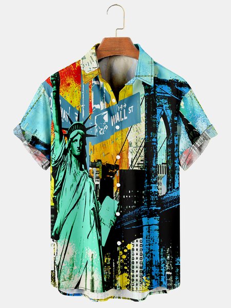 

Mens Statue of Liberty Print Casual Breathable Hawaiian Short Sleeve Shirt, As picture, Men's Floral shirt