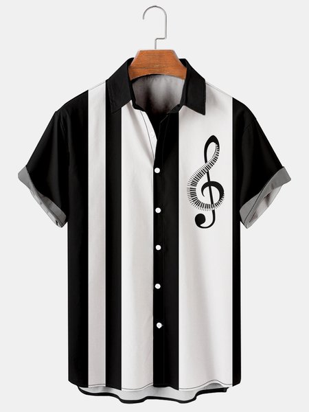 

Men's Music Print Casual Short Sleeve Hawaiian Shirt, Black, Men's Floral shirt