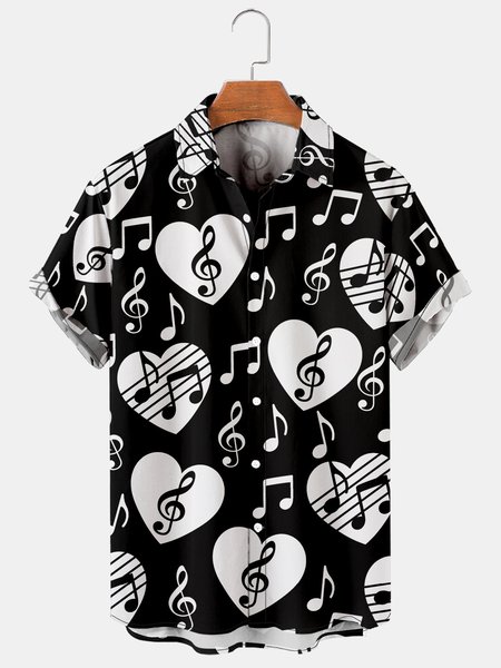 

Men's Music Print Casual Short Sleeve Hawaiian Shirt, Black, Men's Floral shirt