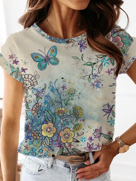 

Casual Regular Fit Floral Short Sleeve T-Shirt, Blue, T-Shirts