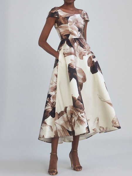 

Floral Regular Fit Crew Neck Short Sleeve Woven Dress, Apricot, Maxi Dresses