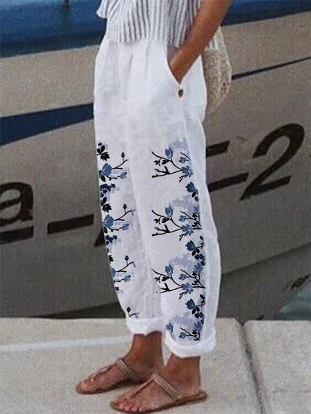 

Linen Floral Casual Pants, White, Pants