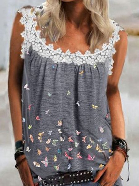 

Loosen Butterfly V Neck Knit Tank Sleeveless, Gray, Tanks & Camis