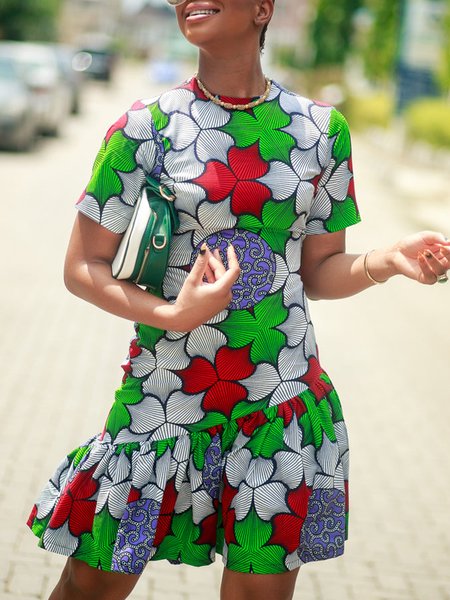

Vacation Crew Neck Printed Short Sleeve Dress, Green, Mini Dresses