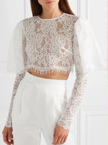 

Elegant Crew Neck Lace Solid Long Sleeve Top, White, Tops