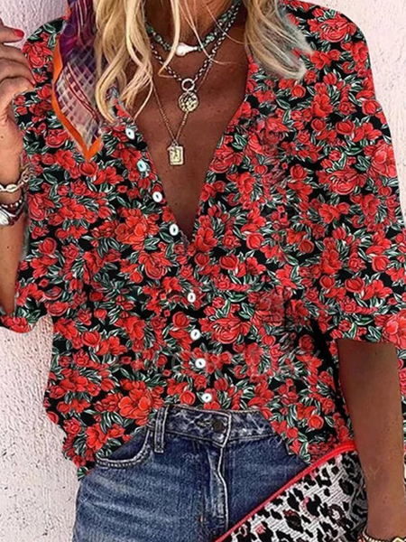 

Basic flower leaf print loose top T-shirt Plus Size, Red, Shirts & Blouses