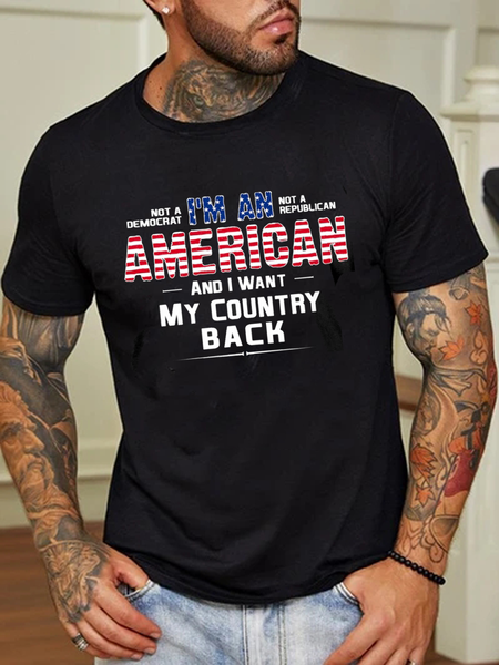 

"I'm American, I Want My Country Back" Letter Print Men's Casual Short Sleeve T-Shirt, Black, Men's t-shirts