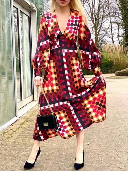 

Polka Dots V Neck Printed Long Sleeve Dress, Red, Maxi Dresses
