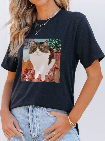 

Casual Oil Painting Cat Print Short Sleeve T-Shirt, Deep blue, T-Shirts