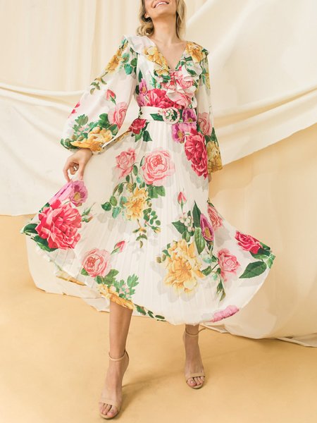 

Vacation Floral Long Sleeve Regular Fit Midi Dress, Multicolor, Midi Dresses