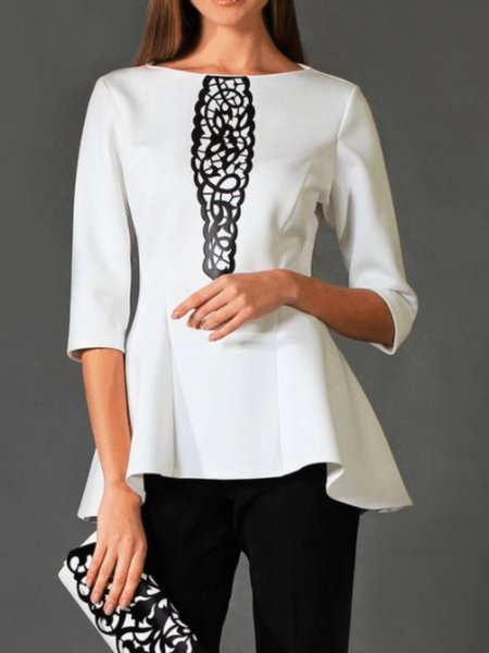 

Spring Elegant Regular Fit Round Neck Short Sleeve Round Neck Tops, White, Tops
