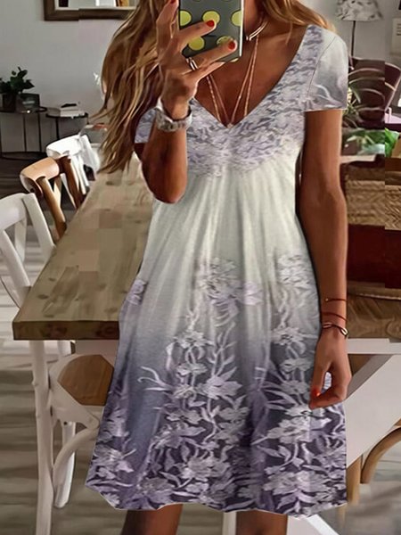 

Romantic Floral Ombre V Neck Loosen Short Sleeve Midi Knit Dress, Flower, Mini Dresses