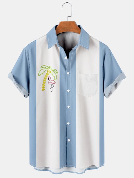 

Resort Style Hawaiian Series Coconut Tree And Flamingo Elements Lapel Short-Sleeved Printed Shirt tTop, Blue, Men's Floral shirt