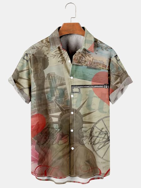

Casual Style Culture Series American National Standard Liberty Element Lapel Short-Sleeved Printed Shirt Top, Multicolor, Men's Floral shirt