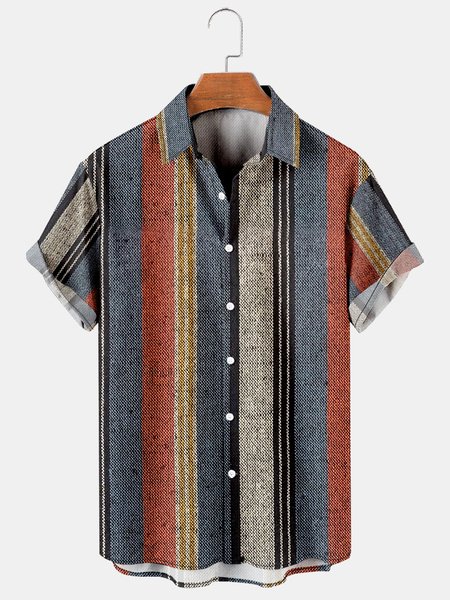 

Cotton Linen Style American Casual Striped Versatile Linen Shirt, As picture, Men's Floral shirt