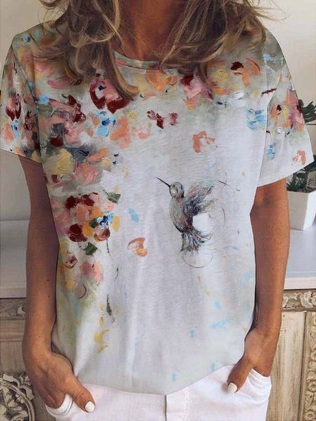 

Casual Abstract Bird Print Crew Neck Short Sleeve T-Shirt, As picture, T-shirts