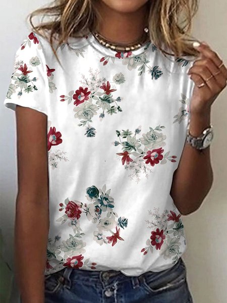 

Casual Floral Short Sleeve Round Neck Plus Size Printed Tops T-shirts, White, T-Shirts