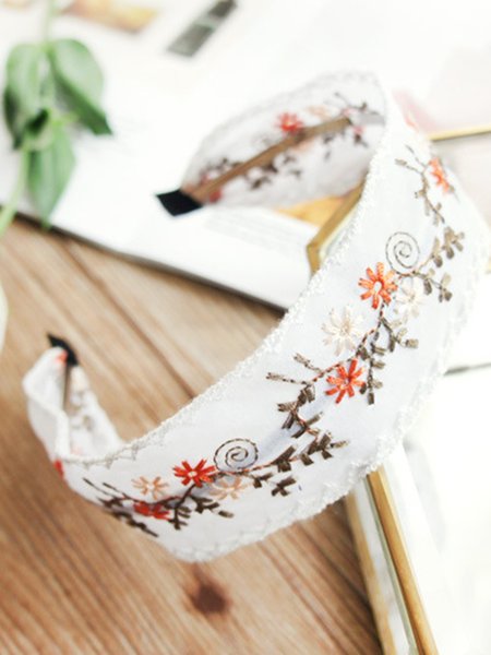 

Ethnic Embroidered Lace Pastoral Floral Headband, Off white, Headdress