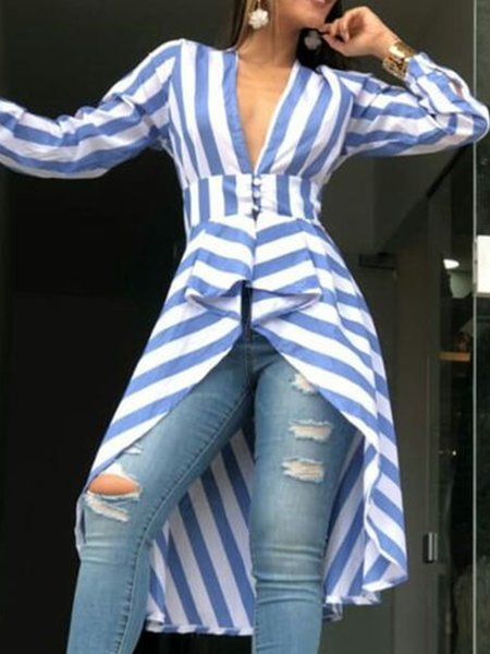 

Striped Elegant Shirt Sleeve Long Sleeve Blouse, Blue, Blouses and Shirts