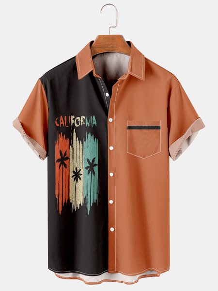 

Resort Style Hawaiian Series Coconut Tree Element Lapel Short-Sleeved Printed Shirt Top, Multicolor, Men's Floral shirt