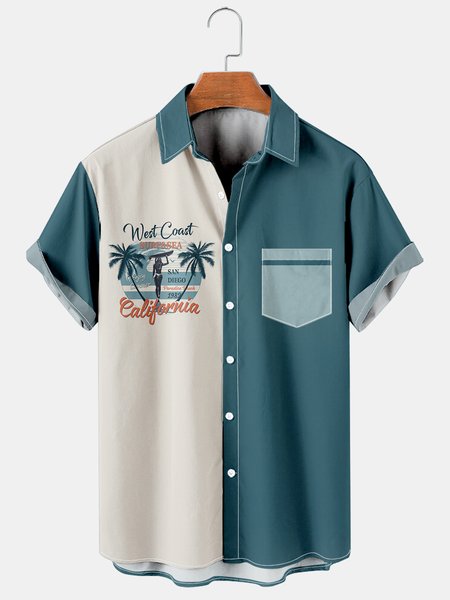 

Resort Style Hawaiian Series Coconut tree And Slogan Elements Lapel Short-Sleeved Printed Shirt Top, As picture, Men's Floral shirt