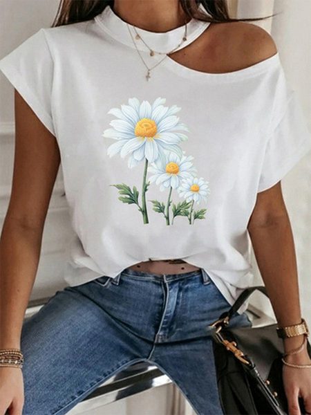

Floral Halter Casual Short Sleeve T-Shirt, White, T-Shirts
