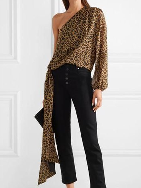 

Leopard One Shoulder Long Sleeve Daily Blouse, Blouses and Shirts