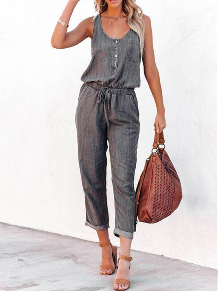 

U-Neck Loosen Simple Jumpsuit & Romper, Black, Jumpsuits＆Rompers
