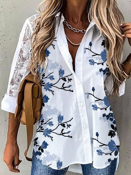 

Plus size Floral Casual Shirt Long Sleeve Blouse, White, Blouses & Shirts