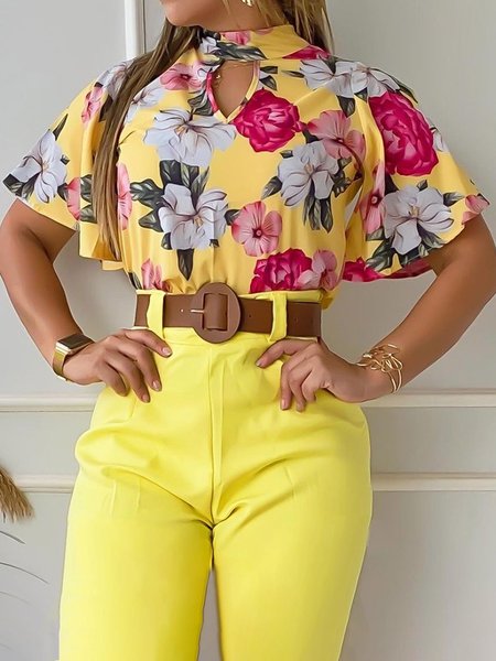 

Stand Collar Floral Short Sleeve Top, Yellow, Tops