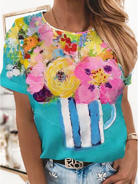 

Casual Crew Neck Short Sleeve T-Shirt, Blue, T-Shirts