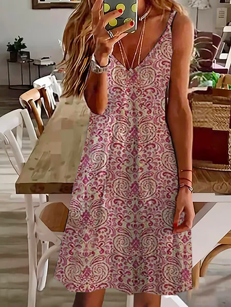 

Plus size Boho Printed V Neck Sleeveless Dress, As picture, Mini Dresses